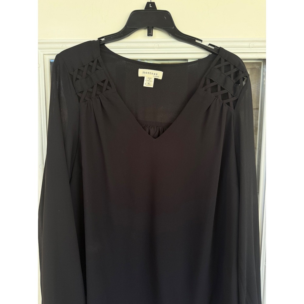 Monteau Women Size XL Black Long Sleeve Blouse Sheer Classic